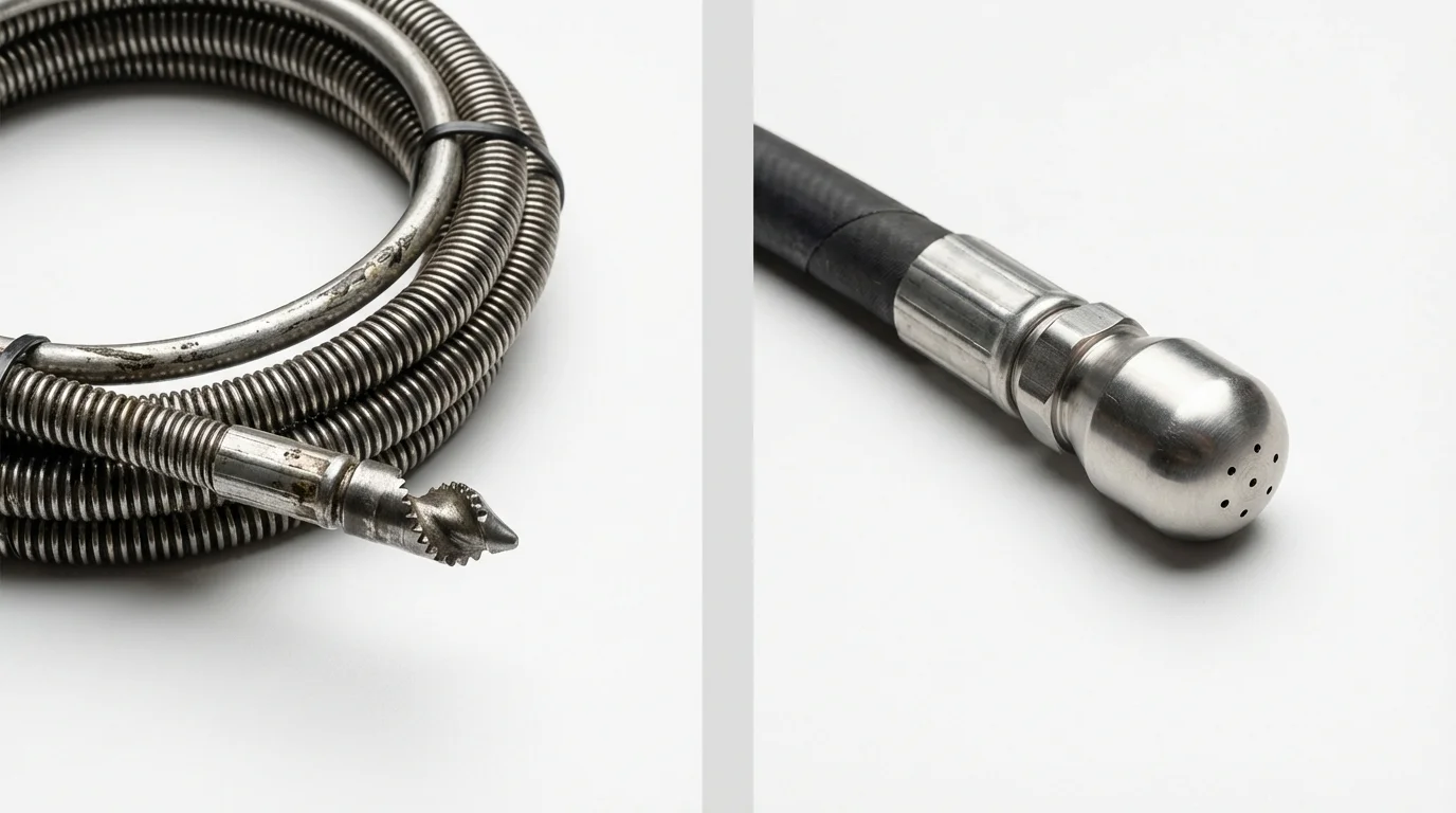 Drain snake cable and hydro jetting nozzle used for drain cleaning in Salinas, CA