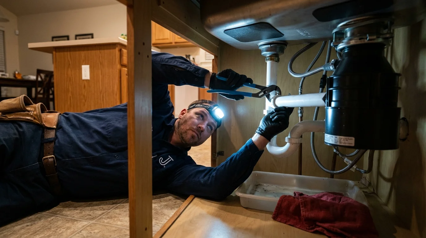 P-trap and supply line connections under a kitchen sink showing a common leak point in Salinas, CA